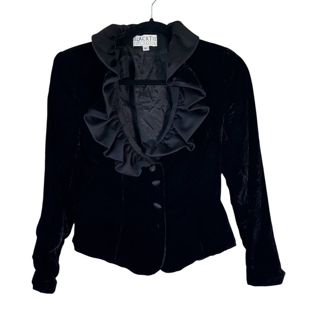 Vintage Black Velvet Ruffled Blazer Jacket Womens 6P Goth Whimsigoth Grunge 90s